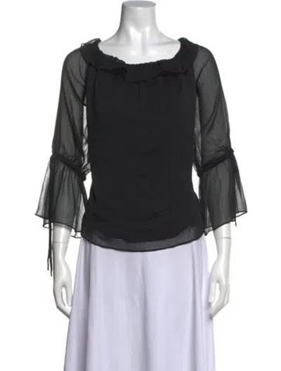 Pre-owned Halston Scoop Neck Three-quarter Sleeve Blouse In Black