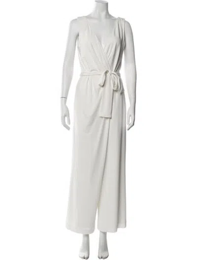 Pre-owned Halston V-neck Jumpsuit In Neutrals