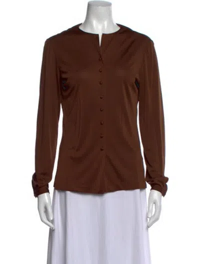 Pre-owned Halston V-neck Long Sleeve Button-up Top In Brown