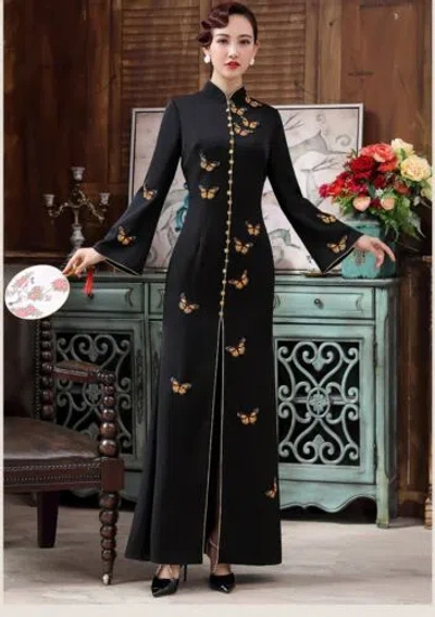 Pre-owned Handmade Custom Made To Order Cheongsam Qipao Butterfly Applique Dress Plus 1x-10x Y268 In Black