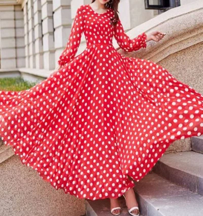 Pre-owned Handmade Custom Made To Order Long Sleeve Polka Dot A-line Evening Dress Plus 1x-10x Y776 In Red