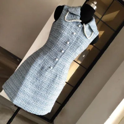 Pre-owned Handmade Custom Made To Order Pearl Button Tweeds Mini Party Tank Dress Plus 1x-10x Y1025 In Blue