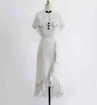 Pre-owned Handmade Custom Made To Order Polka Dot Ruffle Asymmetric Party Cape Dress Plus1x-10xy665 In Black
