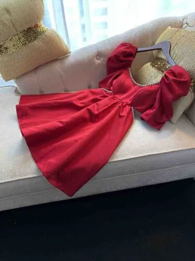 Pre-owned Handmade Custom Made To Order Puff Sleeve Scoop Neck Beaded A-line Dress Plus 1x-10x L718 In Red