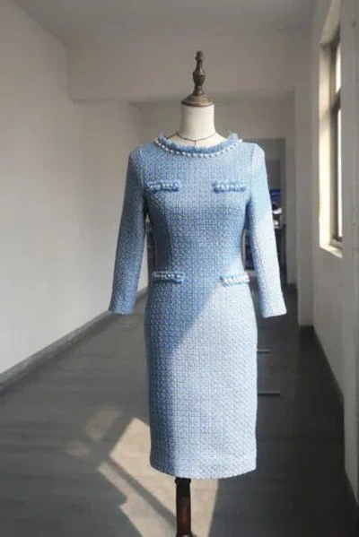 Pre-owned Handmade Custom Made To Order Women's Beaded Trim Tweeds Pencil Dress Plus 1x-10x Y1030 In Blue