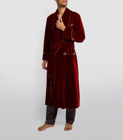 Pre-owned Handmade Velvet Quilted Robe For Men Vintage Smoking Dressing Gown Long Jacket Bathrobes In Red