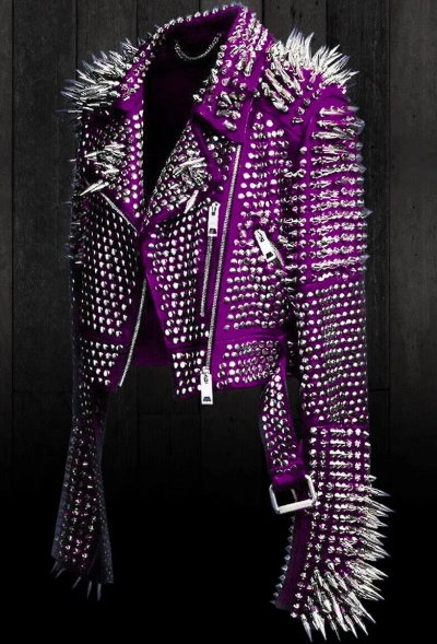 Pre-owned Handmade Womens Punk Full Long Spiked Studded Brando Purple Leather Jacket Women Wear