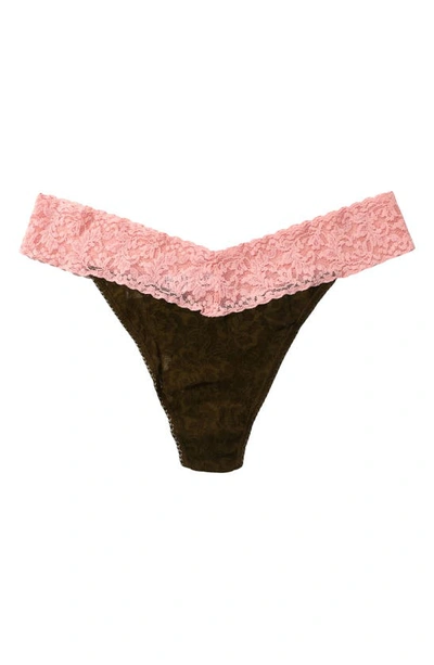 Hanky Panky Colorplay Original Lace Thong In Olive Green/rose