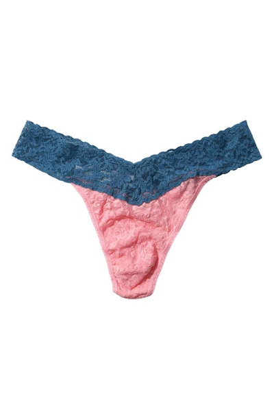 Hanky Panky Colorplay Original Lace Thong In Pink Lady/storm Cloud Blue