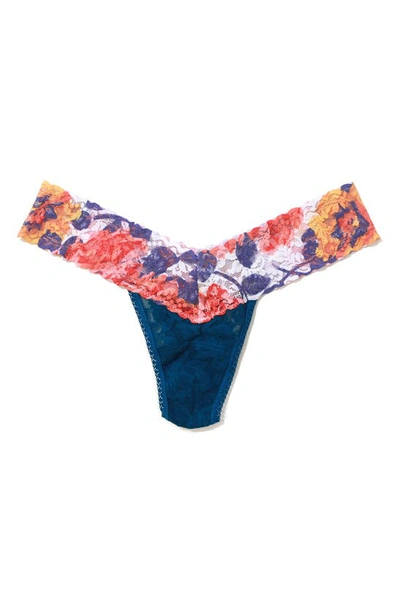 Hanky Panky Signature Lace Low Rise Thong In Oxford Blue/ Sunrise Blossom