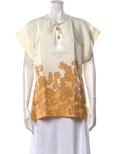 Pre-owned Hannah Artwear Linen Floral Print Top W/ Tags In Neutrals