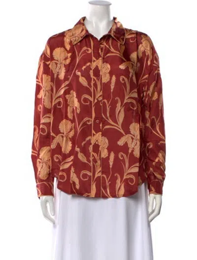 Pre-owned Hannah Artwear Silk Floral Print Button-up Top W/ Tags In Burgundy