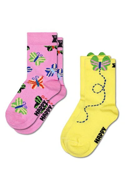 Happy Socks Kids' Butterfly Assorted 2-pack Crew Socks In Pink