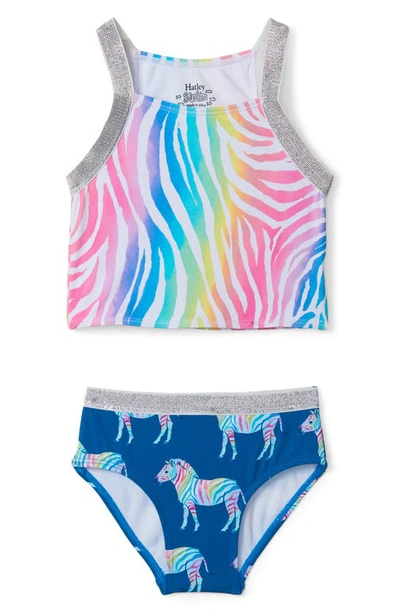Hatley Kids' Rainbow Zebra Tankini Two-piece Swimsuit In Blue Multi