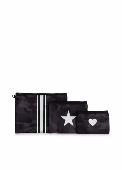 Haute Shore Women's Nylon Pouch Set In Black Camo Silver In Multi