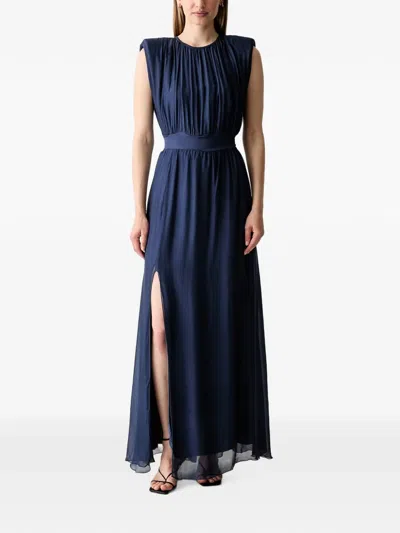 Haveone Gathered Side-slit Maxi Dress In Blue