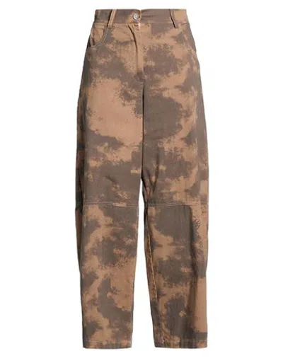 Haveone Woman Pants Light Brown Size M Cotton In Animal Print