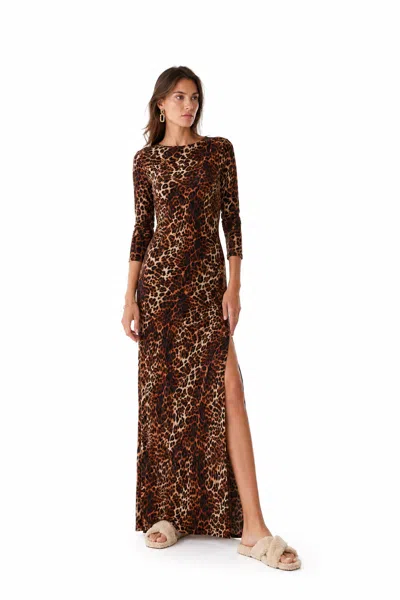 Hawa Made From Love Animalier Maha Open-back Side Slit Maxi Dress In Brown