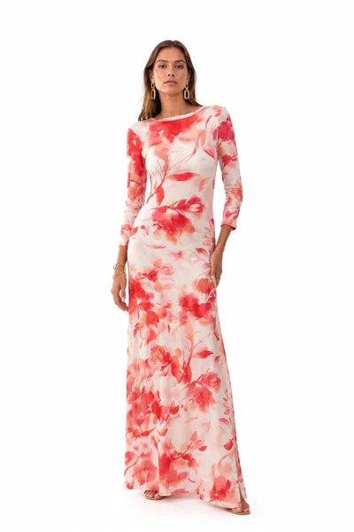 Hawa Made From Love Red Maha Flower Open-back Side Slit Maxi Dress In Pink