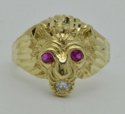 Pre-owned Head Real Solid 10k Yellow Gold Mens Red Eye Lion  Ring 5.5 Grams All Sizes