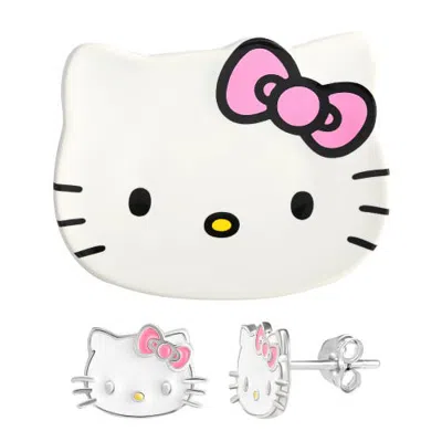 Hello Kitty 925 Sterling Silver Enamel Stud Earrings & Mini Trinket Tray In Multi
