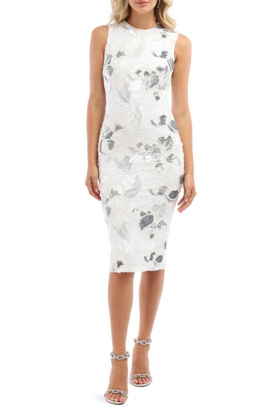 Helsi Alex Floral Sequin Cocktail Sheath Dress In White/platinum