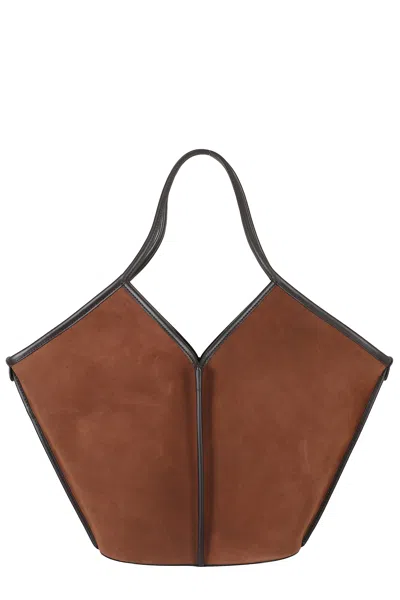 Hereu Geometric Brown Suede Tote Bag With Internal Drawstring
