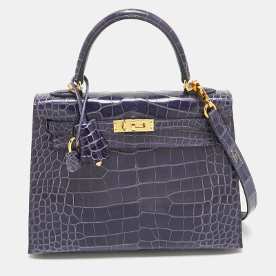 Pre-owned Hermes Bleu Encre Alligator Mississippiensis Gold Finish Kelly Sellier 25 Bag In Blue