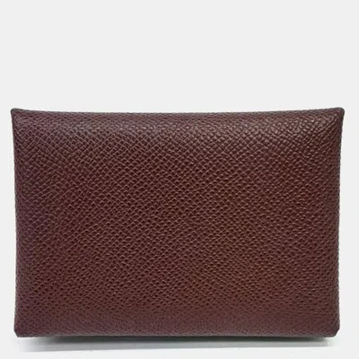 Pre-owned Hermes Hermès Calvi Duo Burgundy Leather Card Holder (k)