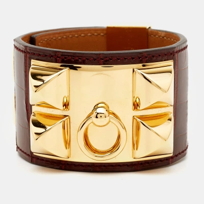Pre-owned Hermes Collier De Chien Alligator Leather Gold Plated Bracelet In Burgundy