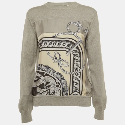 Pre-owned Hermes Grey Printed Silk And Cashmere Crew Neck Sweatshirt M