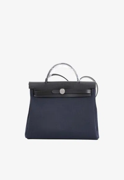 Hermes Herbag 31 In Bleu Indigo Toile And Black Hunter With Palladium Hardware