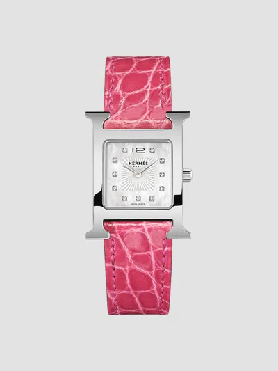 Hermes Heure H Stainless Steel, 0.04 Tcw Diamond & Alligator Leather Strap Watch/21mm In Pink