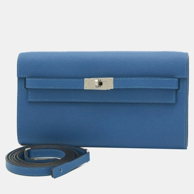 Pre-owned Hermes Kelly To Go Shoulder Bag Epson Blue Frida Silver Hardware B Stamped