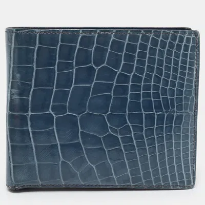 Pre-owned Hermes Hermès Mc² Copernic Bleu Orage Alligator Mississippiensis Bifold Wallet In Blue