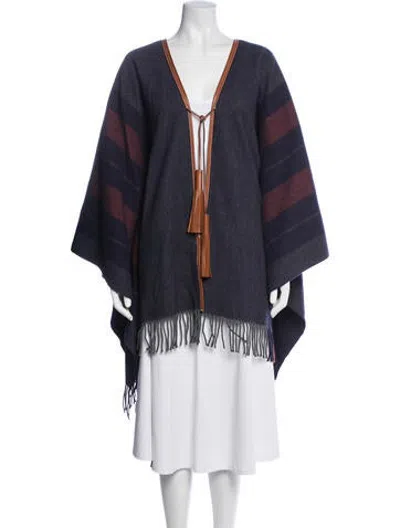 Pre-owned Hermes Merino Wool Striped Poncho In Blue