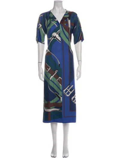 Pre-owned Hermes Printed Midi Length Dress In Blue