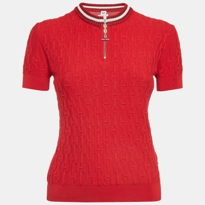Pre-owned Hermes Hermès Red Textured Knit Chaines D' Ancre Zipper Top S
