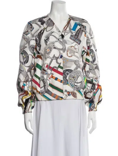 Pre-owned Hermes Silk Graphic Print Bomber Jacket In White