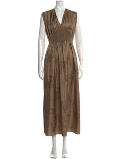 Pre-owned Hermes Silk Long Dress W/ Tags In Brown
