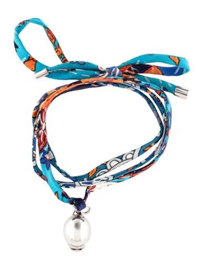 Pre-owned Hermes Vintage Silk Twill Tourbillion De Couleurs Baseball Cap Charm Bracelet, 8" In Blue/grey/orange