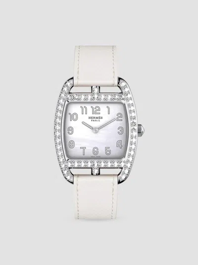 Hermes Women's Cape Cod Tonneau Stainless Steel, 1.3 Tcw Diamond & Leather Strap Watch In White