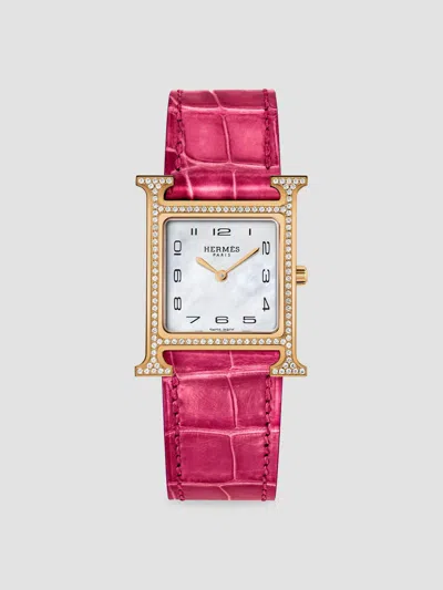 Hermes Women's Heure H 18k Rose Gold, 0.45 Tcw Diamond & Alligator Strap Watch/26mm In Pink
