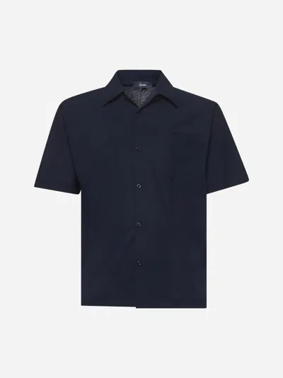 Herno Blue Crepe Voile Jersey Bowling Shirt In Navy Blue