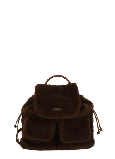 Herno Brown Plush Flap Logo Faux Fur Backpack In Black