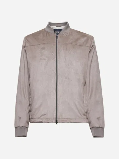 Herno Dove Grey Suede Effect Bomber Jacket