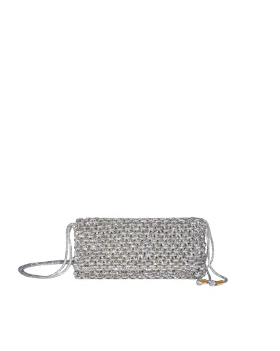 Hibourama Aurora Compact Woven Crystal Jewel Shoulder Bag In Grey