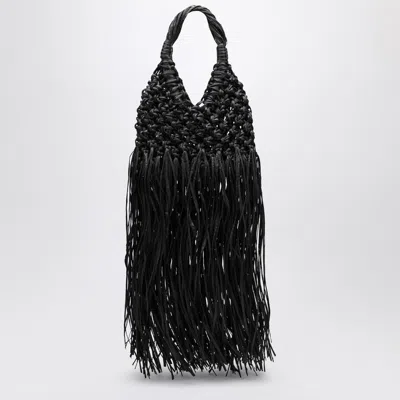Hibourama Black Vannifique Fringes Bag In Leather And Raffia