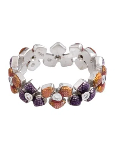 Pre-owned Hidalgo 18k Diamond & Enamel Flower Band Ring In Multicolor
