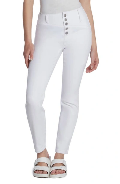 Hint Of Blu Exposed Button Mid Rise Skinny Jeans In Pure White